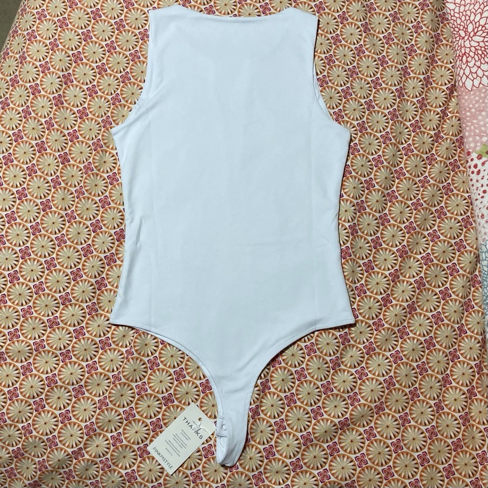 PinkmStyle White Sleeveless Bodysuit with High Neckline | Size S - Picture 2 of 6